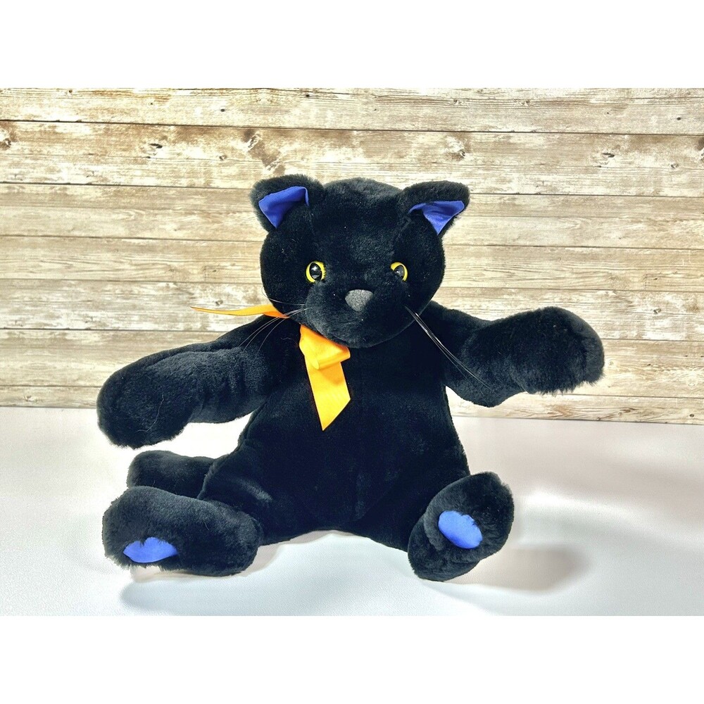 Hallmark Midnight Halloween Black Cat Plush Stuffed Animal Blue Paws Yellow Ribb